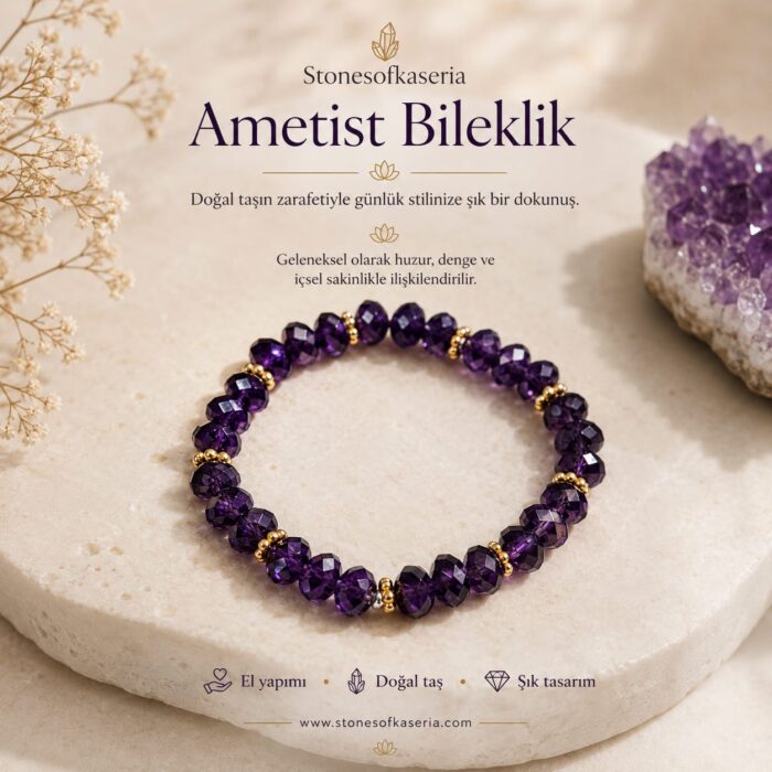 7A Ametist Elmas Kesim Doğal Taş Bileklik 19 cm - Görsel 2