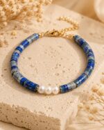 Lapis Lazuli & İnci Doğal Taş Bileklik – Gold Detaylı - Görsel 2