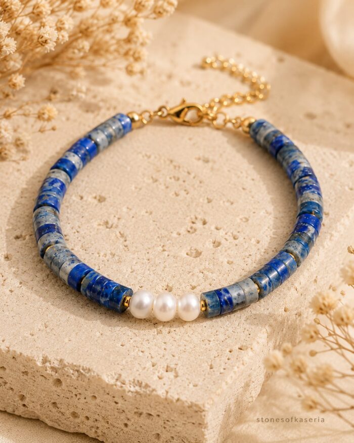 Lapis Lazuli & İnci Doğal Taş Bileklik – Gold Detaylı - Görsel 2
