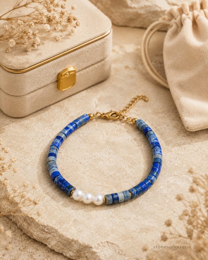 Lapis Lazuli & İnci Doğal Taş Bileklik – Gold Detaylı - Görsel 3