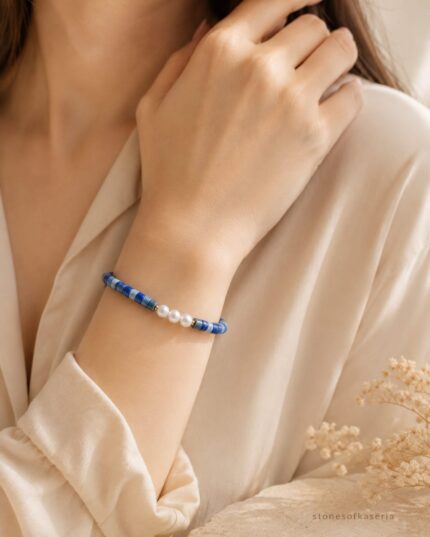 Lapis Lazuli & İnci Doğal Taş Bileklik – Gold Detaylı