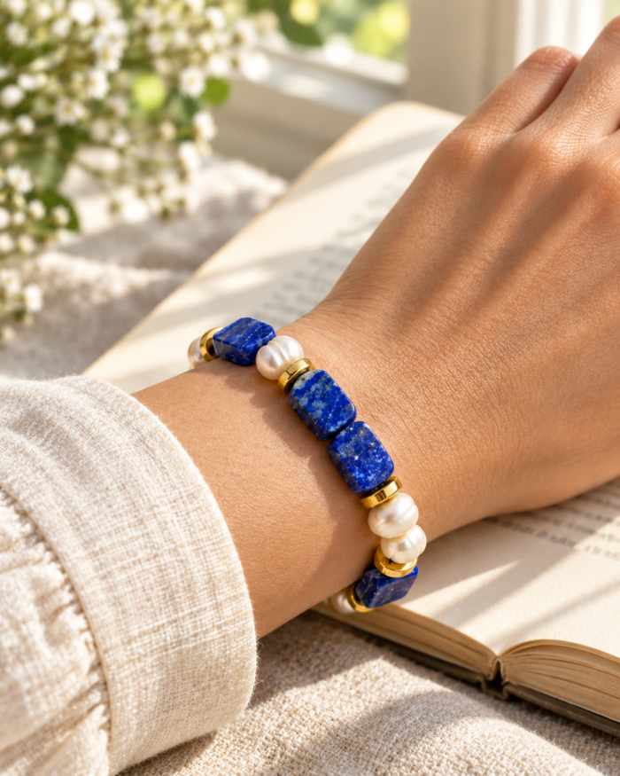 Lacivert İnci Işıltısı A Kalite Lapis Lazuli ve İnci Bileklik - Görsel 8